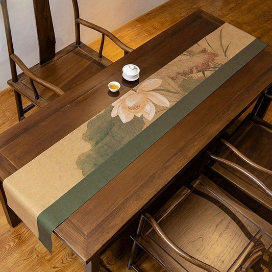 Elegant White Lotus Silk Tablecloth - Chinese Tea Ceremony Style, 13x72 Inches, High-end Table Decoration With Green Edges And Floral Patterns, Suitable For Home Or Restaurant, Coffee Table Decoration