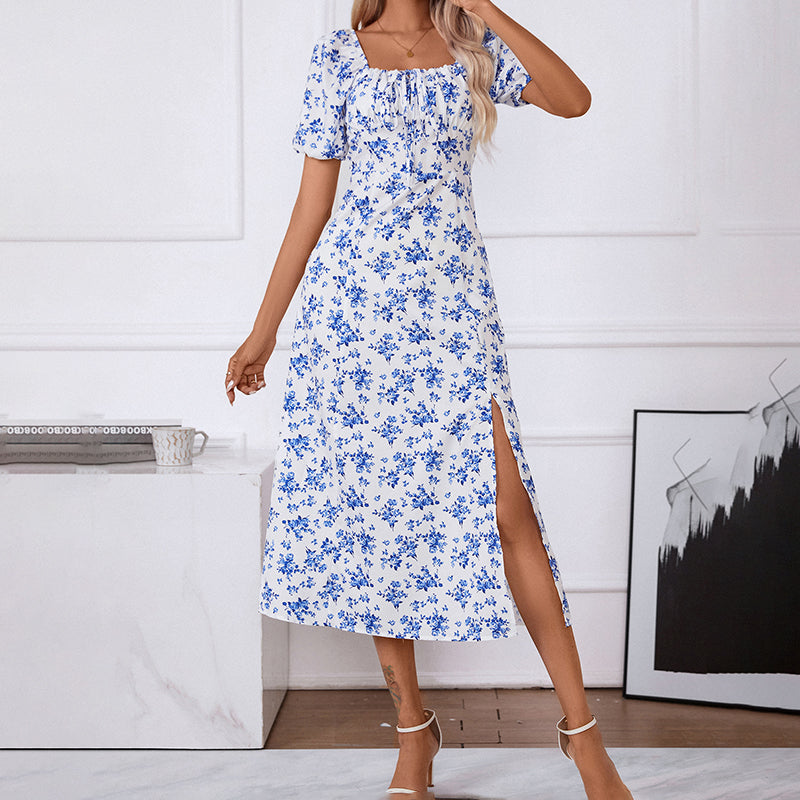 Women's Square Neck Floral Print Dress With Puff Sleeves & Side Slit - Elegant Spring Summer Boho Maxi Dress
