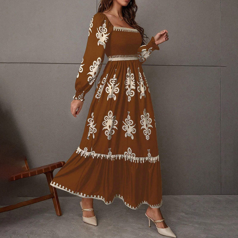 Elegant Women's Retro Geometric Print Lantern Sleeve Dress - Square Neck A-Line With Elastic Cuffs, Casual & Formal Dress