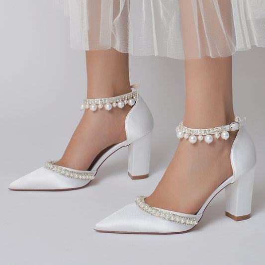 Pointed Toe Rhinestone Block Heel Satin Crystal Chain Pumps
