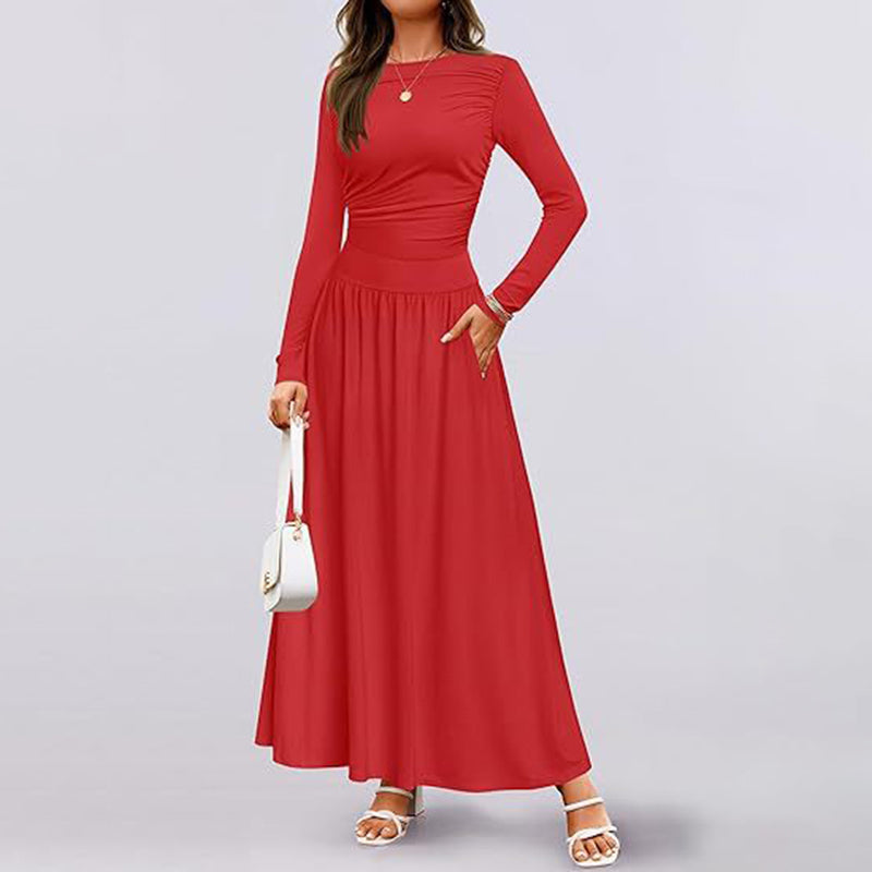 Women's Elegant Ruffle Detail Dress, Solid Color Round Neck Long Sleeve Knit Dress With Pockets