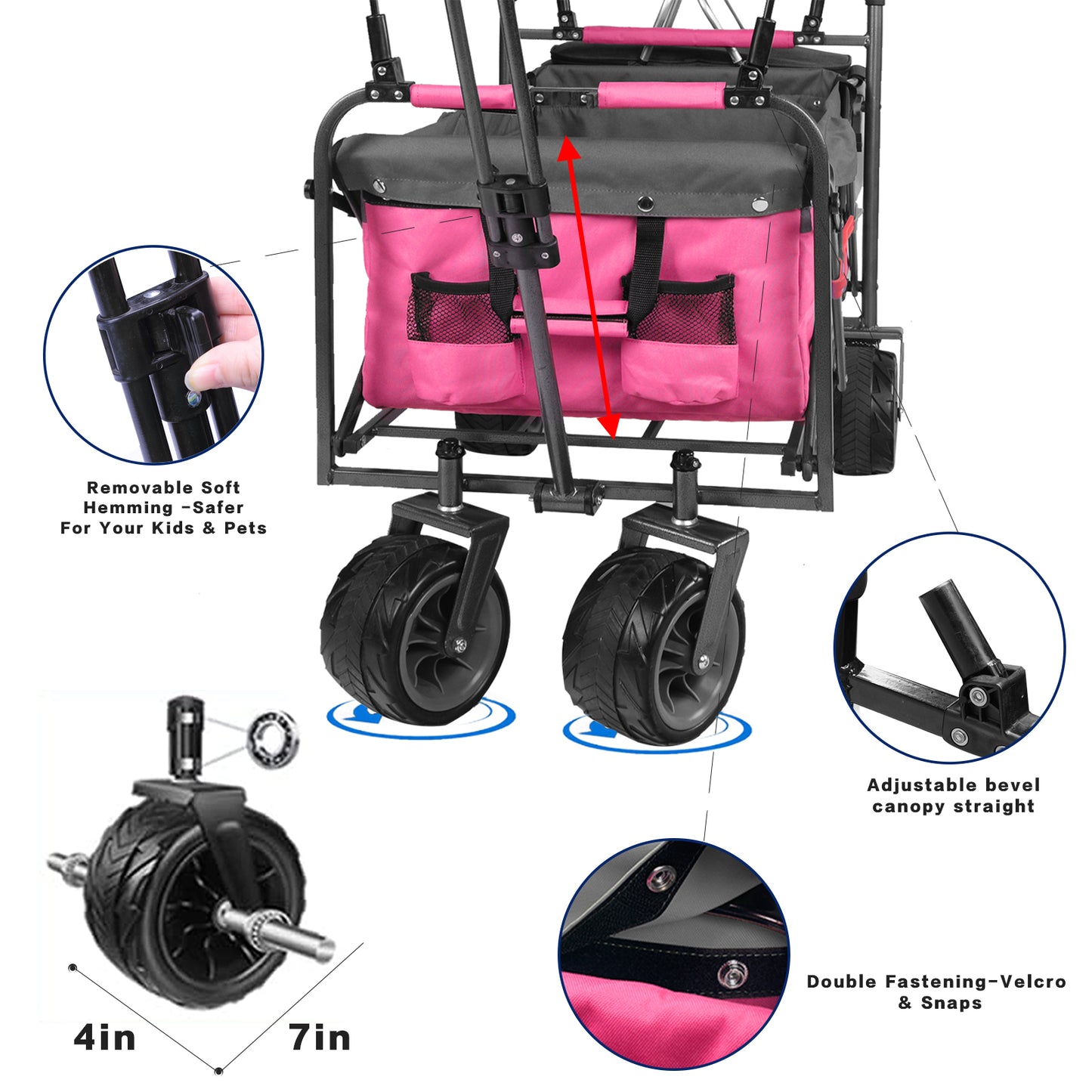 Collapsible Wagon 140L Wagons Carts Foldable With Removable Canopy, Folding Wagon Cart With Wheels For All-Terrain With Brake, Foldable Wagon With Cooler Bag, For Camping Beach Shoppin